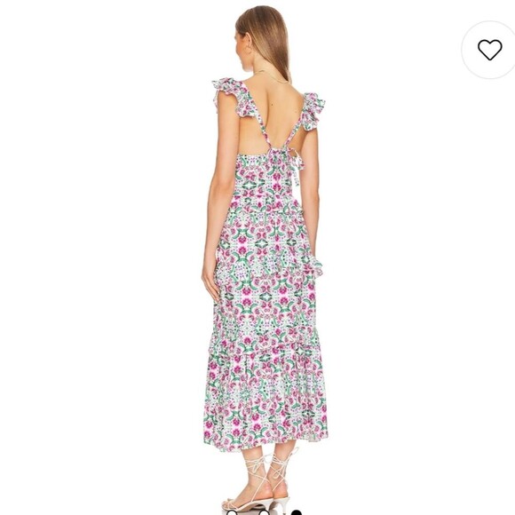 MISA x Revolve Morrison Floral Cotton Strappy Tiered Spring Fuschia Midi Dress - Picture 4 of 15